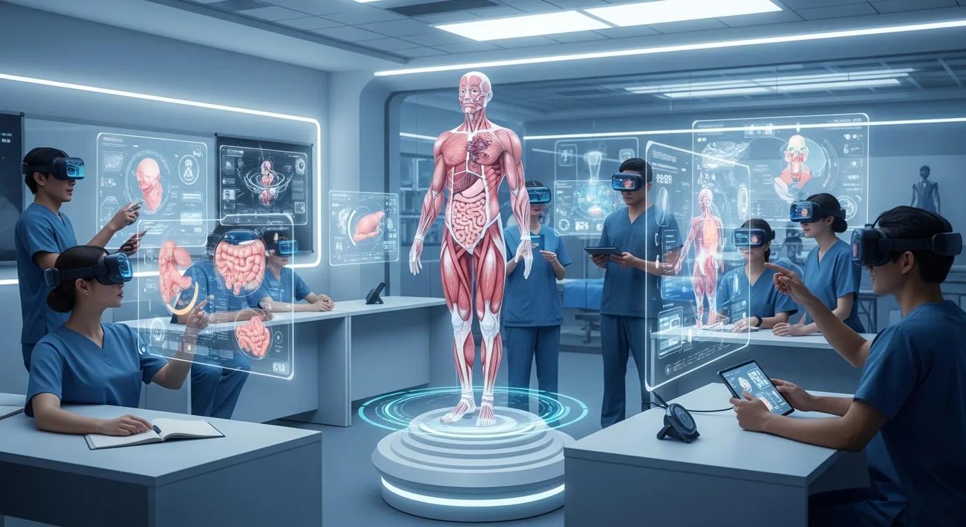 Illustration of clinicians exploring a three-dimensional anatomy model with XR headsets